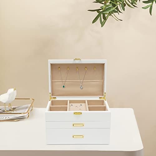 3 Layers Jewelry Storage Box with 2 Drawers, Large Wooden Jewelry Box for Women and Girls Necklace Ring Watch Organizer, White - Image 7