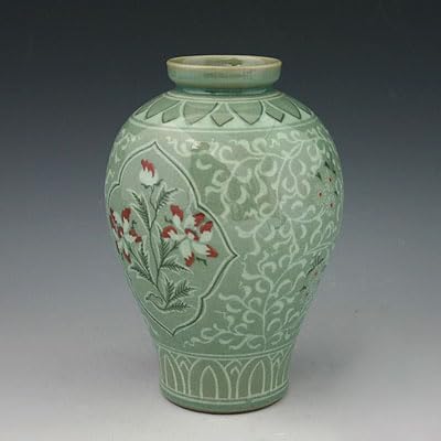 Korean Celadon Glaze Semi-Round Inlaid Copper Paint Lotus Flower Inlay Design Green Decorative Porcelain Ceramic Pottery Home Decor Accent Vase - Image 4