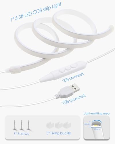 5V USB COB LED Light Strip with Dimmer 3.3FT Daylight White LED Rope Lights Indoor Tunable 6000K Super Density 320LEDs/M IP67 Waterproof LED Tape Light for Bedroom TV Backlight Mirror Decor - Image 7