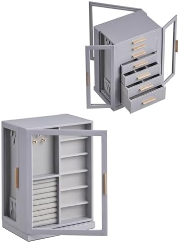 Glimmloop 360° Rotating Jewelry Box with 7 Drawers, Spacious Vertical Jewelry Organizer with Glass Window, Jewelry Storage Case, Dustproof & Moisture-resistant Design, Grey - Image 7