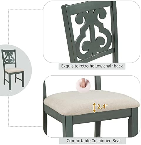 Harper & Bright Designs Retro Style Round Kitchen Dining Table Set for 4, 5 Piece Round Dining Table and 4 Fabric Chairs with Special-Shaped Table Legs and Storage Shelf, Antique Blue/Dark Brown - Image 7