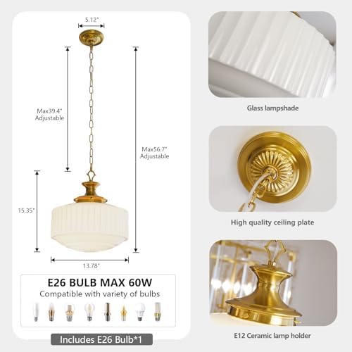 Vintage Brass Milk Glass Pendant Light Fixture, 13.8" White Pleated Glass Chandelier, Antique Pendant Lights, for Kitchen Island Lighting, Hallway, Bedroom, Dining Room, Foyer, E26 Bulb Included - Image 7