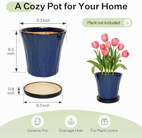 8.3 Inch Ceramic Planters with Drainage Hole and Saucer,Indoor Outdoor Large Flower Pots, Garden Pot for Plant Lovers (Blue) - Image 6