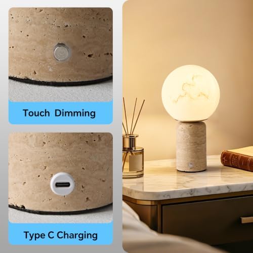 Natural Travertine Table Lamp Cordless Rechargeable Marble Touch Night Light with Glass Shade 3 Color Adjustable LED Dimmable Ambient Lighting for Bedroom Living Room Desk Shelf - Image 7