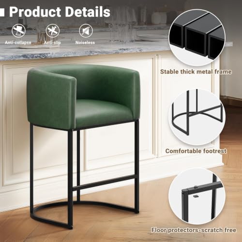 26" H Counter Height Bar Stools Set of 4, Modern Barrel Counter Stools with Backrest and Arms, Faux Leather Upholstered Accent Barstools for Kitchen Island,Support 450 LBS (Green) - Image 6