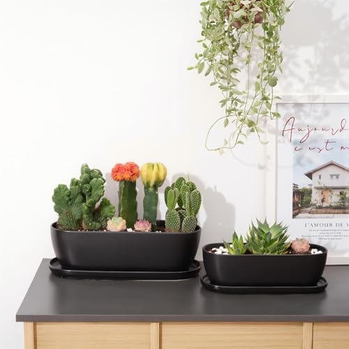 E-liu 11 Inch Oval Ceramic Planter Pot with Drainage Hole Saucers - Image 7