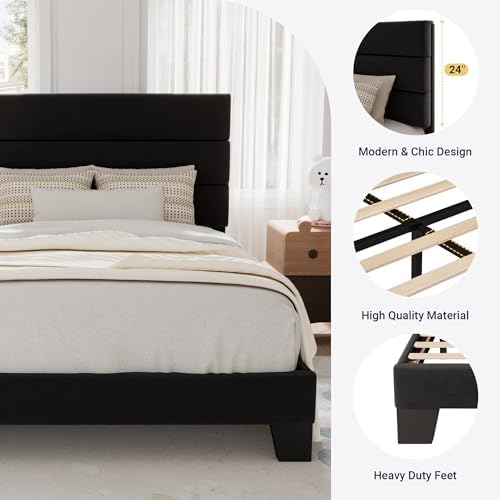 Allewie Twin Size Platform Bed Frame with Velvet Upholstered Headboard - Image 6