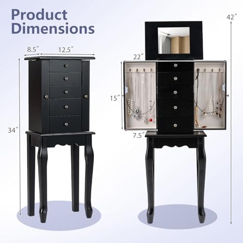 Giantex Standing Jewelry Armoire Cabinet with 4 Drawers, Flip Top Mirror, Top Storage Compartments, 2 Side Doors with 8 Necklace Hooks, Freestanding Jewelry Organizer Box Chest (Black) - Image 7