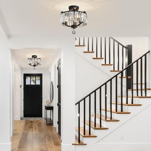 Crystal Black Chandeliers Modern Farmhouse Small Chandelier 12.2 Inch 3-Light Round Crystal Mini Semi Flush Mount Ceiling Light Fixture for Dining Room Entryway Hallway Kitchen Bedroom Foyer - Image 7