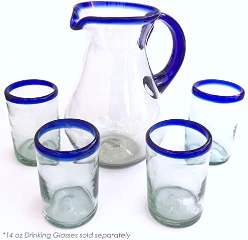 Cobalt Blue Rim 84 oz Tall Pear Pitcher, Recycled Glass, Lead-free, Toxin-Free (Pitcher) - Image 4