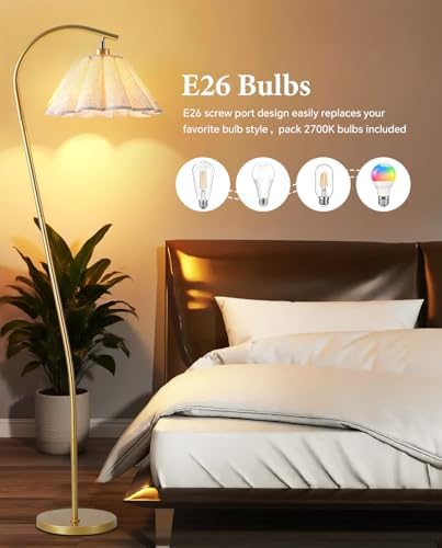 Floor Lamp with Pleated Linen Lampshade, Modern Flower Floor Lamp for Living Room Arc Standing Lamp, Gold Tall Lamp for Bedroom Office Dining Room, Bulb Included (Gold + Flax Color, 66.1IN) - Image 7