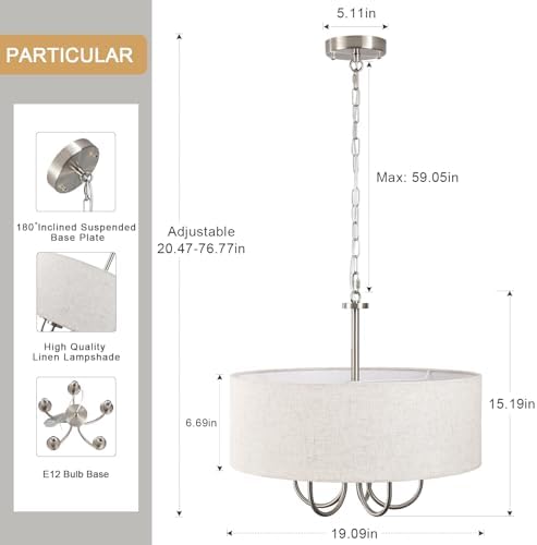 Drum Modern Chandeliers for Dining Room Light Fixture 5 Lights Brushed Nickel Chandelier with Linen Lampshade 19” Farmhouse Chandelier Large Pendant Lighting Fixtures for Foyer Entryway Kitchen - Image 7