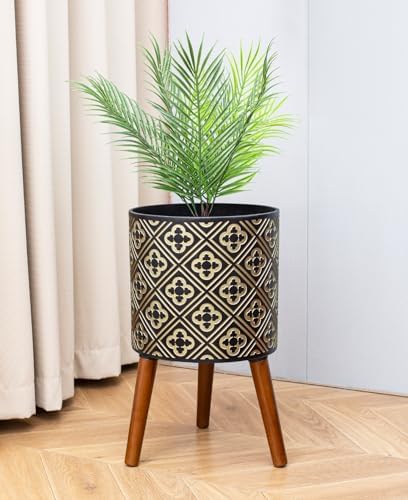 10 Inch Plant Pot with Stand, Planter for Indoor Plants, Modern Large Flower Planter Pot with Drainage Holes for Outdoor, Black & Gold - Image 6