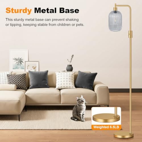 【Upgraded】 Dimmable Floor Lamp for Living Room with Gray Ribbed Glass Lampshade, Gold Modern Floor Lamp with 900LM LED Bulb Included, Arc Standing Tall Lamp for Bedroom, Office, Reading Room, Corner - Image 7