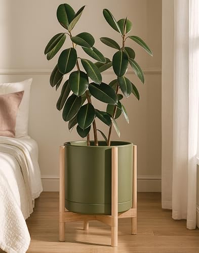 D'vine Dev Ceramic Pot with Natural Wood Stand, Olive, 14 in, 55-B-R-J - Image 6