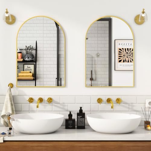 VooBang Arched Wall Mirror, 16 x 24 inch Arch Bathroom Mirror, Wall Mounted Vanity Mirror with Arch Metal Frame, Modern Bathroom Vanity Mirror for Bedroom, Living Room, Hanging or Leaning, Gold - Image 7