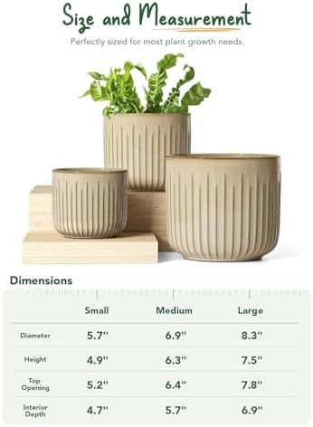 LE TAUCI Ceramic Pots for Plants, 8.3/7/6 Inch Indoor Planters with Drainage Holes & Mesh, Modern Glossy Glaze Cylinder Fluted Plant Pot for Snake Plant, Set of 3, Sand Beige - Image 6