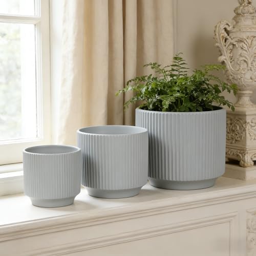 Oakrain Plant Pots with Vertical Stripes 7.8/6.5/5.2 inch, Set of 3 Modern Decorative Planters for Indoor Outdoor Plants, Flower Pot with Drainage Holes, Ceramic Blue - Image 7
