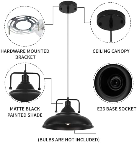 Black Pendant Light, Large Pendant Light 15.7" 1 Pack, Modern Farmhouse Pendant Lighting, Kitchen Pendant Lights, Pendant Lights Kitchen Island for Kitchen, Living Room - Image 7