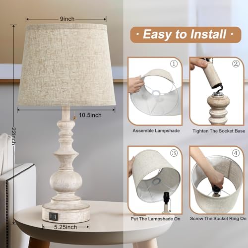 Drawealth Table Lamps for Bedrooms Set of 2 Farmhouse Bedside Lamps for Nightstand with USB Charging Ports Traditional Side Table Lamps for Living Room Wooden Finish, Pull Chain, Bulbs Not Included - Image 7