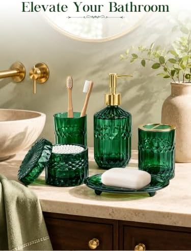 Haturi Dark Green Bathroom Accessories Set, Glass Bathroom Set, 5 Pcs - Image 7