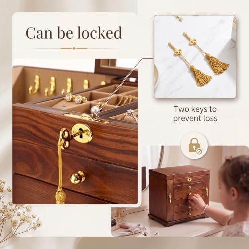 Sintuff 6 Layer Solid Wood Jewelry Box Lockable with Mirror Gift for Women - Image 6