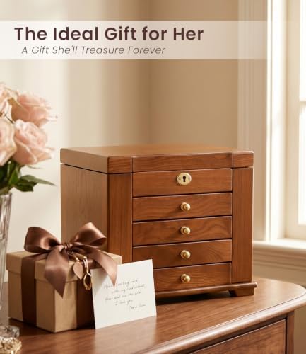 Wood Jewelry Box Organizer 5-Drawer Lockable with Mirror - Image 7