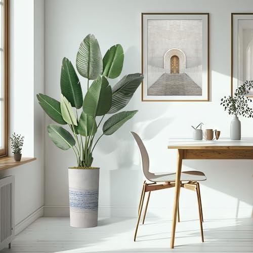Artificial Tree in Blue Gray Industrial Line Pattern Planter, Fake Bird of Paradise Silk Tree for Indoor and Outdoor Home Decoration - 67" Overall Tall (Plant Pot Plus Tree) - Image 6