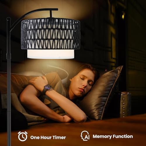 Yusist Arc Floor Lamp for Living Room,Farmhouse Floor Lamps with Remote Control & Dimmable Bulb,Black Rattan Boho Tall Standing Lamp for Bedroom Office - Image 7