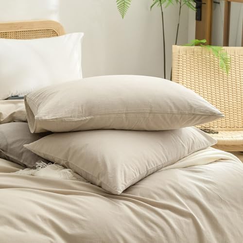 BESTOUCH Cotton Solid Duvet Cover Set Almond Milk Grey Oversized Full - Image 7
