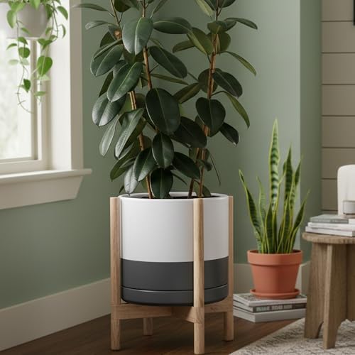 D'vine Dev Ceramic Pot with Natural Wood Stand, White/Grey, 14 in, 55-B-R-6 - Image 6