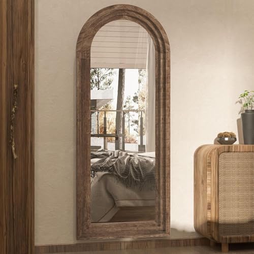 Arched Full Length Mirror with Solid Wood Frame 65x24 Inch Wall Mounted Floor Mirror, Vertical Hanging Leaning Standing Mirror for Living Room, Bedroom, Entryway, Brown - Image 6