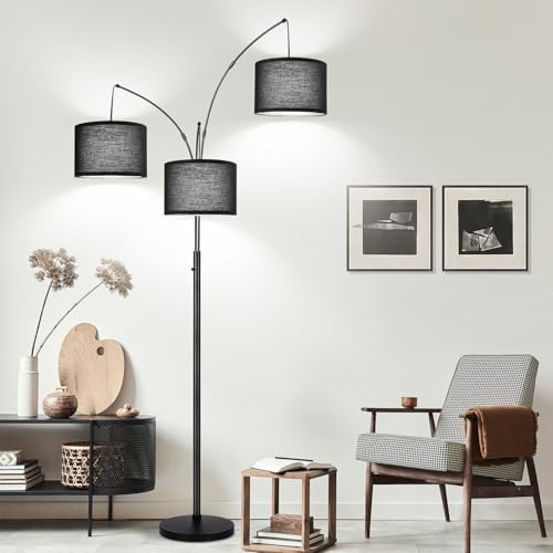 Dimmable Floor Lamp, 3 Lights Black Arc Floor Lamp, Modern Tall Standing Tree Lamp with Black Linen Shades & Heavy Base, 3000LM LED Bulbs, Bright Lighting for Living Room, Bedroom, Office & Reading - Image 7