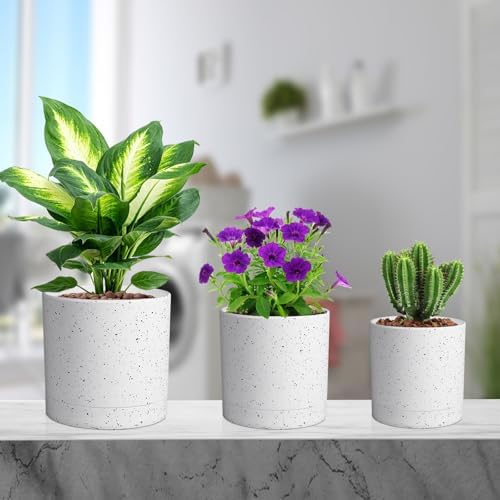 Meowell 7/6.5/6/5/4 inch Plant Pots, 5 Pack Cylinder Flower Pots for Small Indoor Outdoor Plants, Plastic Planters with Drainage Holes and Saucers for Garden Succulent House Plants, Speckled White - Image 7