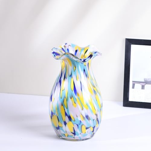 10.6in Hand Blown Blue Glass Vase – Wide Mouth Murano Bubble Art Glass Vase, Cobalt Blue Flower Vase for Coastal, Vintage, Colorful Home Decor, Vase Gift for Mom or Display (Colorful) - Image 7