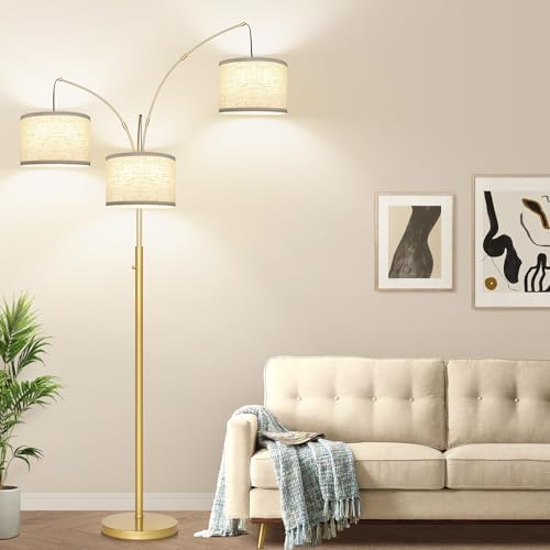 Dimmable Floor Lamp, 3 Lights Gold Arc Floor Lamp, Modern Tall Standing Tree Lamp with White Linen Shades & Heavy Base, 3000LM LED Bulbs, Bright Lighting for Living Room, Bedroom, Office & Reading - Image 7