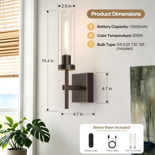 Battery Operated Wall Sconce Set of 2 with Remote Control,Fast Charging,Wireless Wall Lights for Living Room Bedroom Hallway,Oil-Rubbed Bronze - Image 7