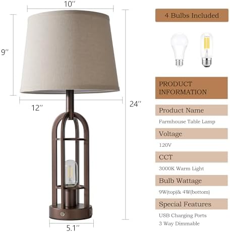 SRJJA 24" Farmhouse Touch Table Lamps for Living Room Set of 2 with USB A+C - Image 7