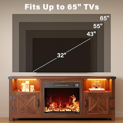 YESHOMY 58 Inch LED Fireplace TV Stand for TVs up to 65 Inch, Walnut - Image 7