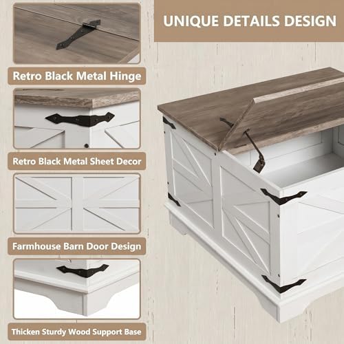 senlin Farmhouse Coffee Table, Heavy-Duty Coffee Table with Storage, Square Wood Center Table Set for Living Room with Pull Up Large Hidden Storage Compartment, Maple White - Image 6