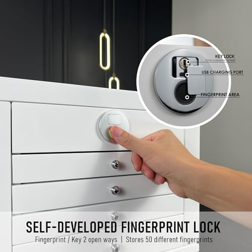 White Wood Jewelry Box, Large Size, Fingerprint Unlock, Seven Level Jewelry Organizer with Necklace Hanger and Mirror, High Gloss Lacquer Finish (5L-WT) - Image 6