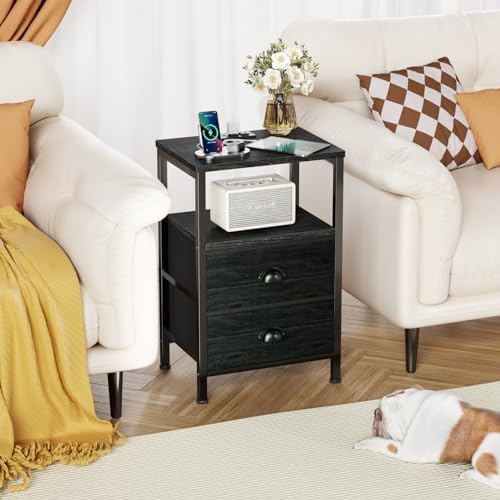 Furologee Night Stand with LED Light, Charging Station, 2 Drawer, Black Oak - Image 7