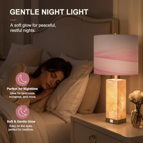 Scenekoy Pink Alabaster Table Lamp Set of 2 with Night Light for Bedroom - Image 6