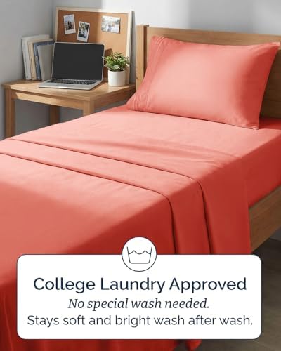 Twin XL 3 Piece Sheet Set - College Dorm Room Essentials - Coral - Image 6
