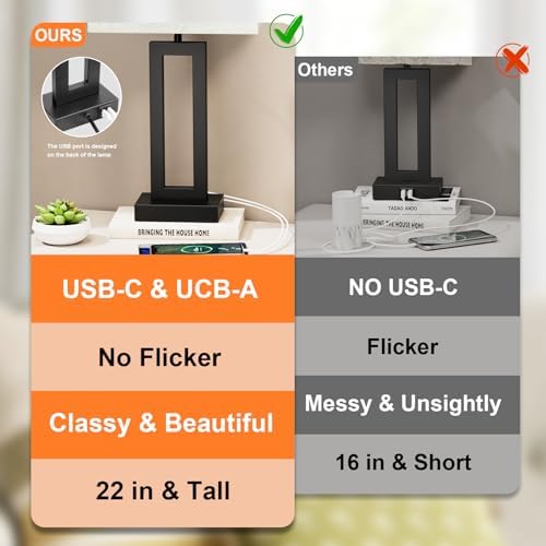 Seealle 22" Tall Living Room Lamps for Night Stands - Touch Bedside Lamp with USB C+A, 3 Way Dimmable Bedroom Lamps for End Tables Set of 2, Modern Night Stand Lamps for Bed Side(Cream&Black) - Image 7