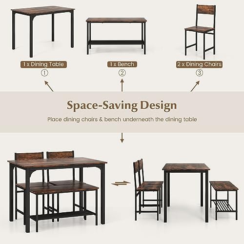 COSTWAY Dining Table Set for 4 w/Bench & 2 Chairs, Storage Racks, Coffee - Image 6