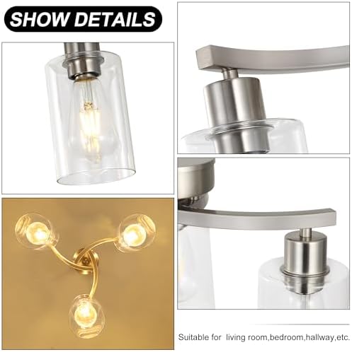 CNRATYE 3-Light Brushed Nickel Pendant Lighting for Kitchen Island, Hanging Dining Room Light Fixtures Over Table, Industrial Chandelier for Entryway Hallway Foyer Bedroom, Clear Glass Shade - Image 7