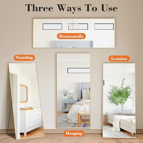 DUMOS Full Length Mirror 24"x 65" for Bedroom, Full Body Mirror with Stand, Hanging or Leaning for Wall, Aluminum Alloy Thin Frame Floor Standing for Living Room, Long, Gold - Image 6