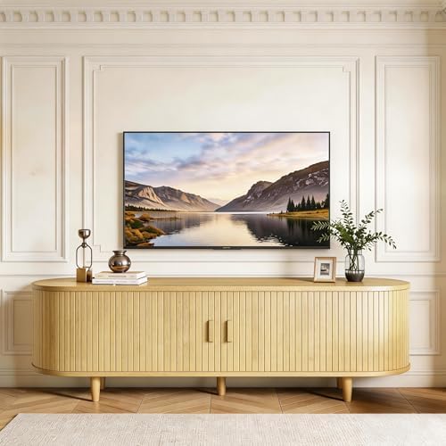 MXV 65" TV Stand with Sliding Doors for Living Room, Mid Century Modern Entertainment Center, TV Console with Fluted Door Cabinets and Power Outlet, Oak - Image 7