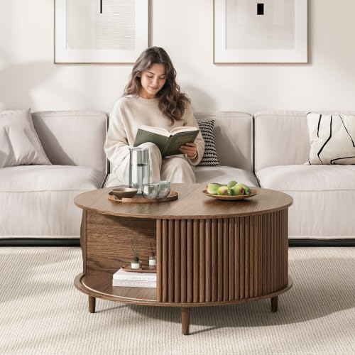 JOINICE 31.5" Round Coffee Table with Storage for Living Room, Walnut - Image 6